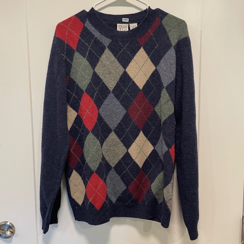 Field Gear Mens Lambswool Blend Argyle Crewneck Sweater Navy Blue Red Size M